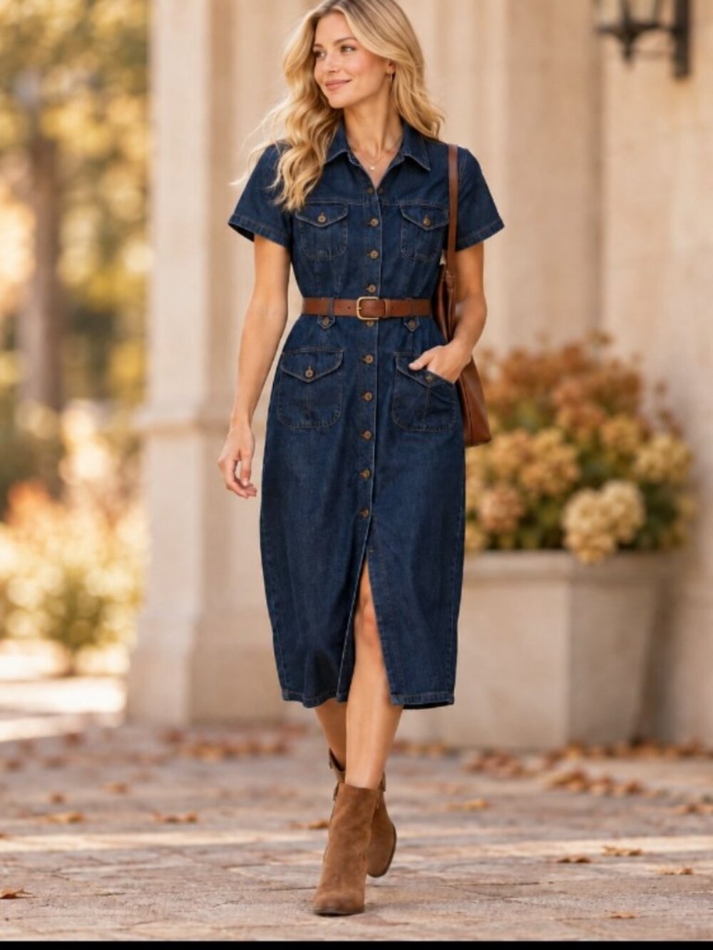 Denim Midi dress button down midi short sleeve fitted size 10 p